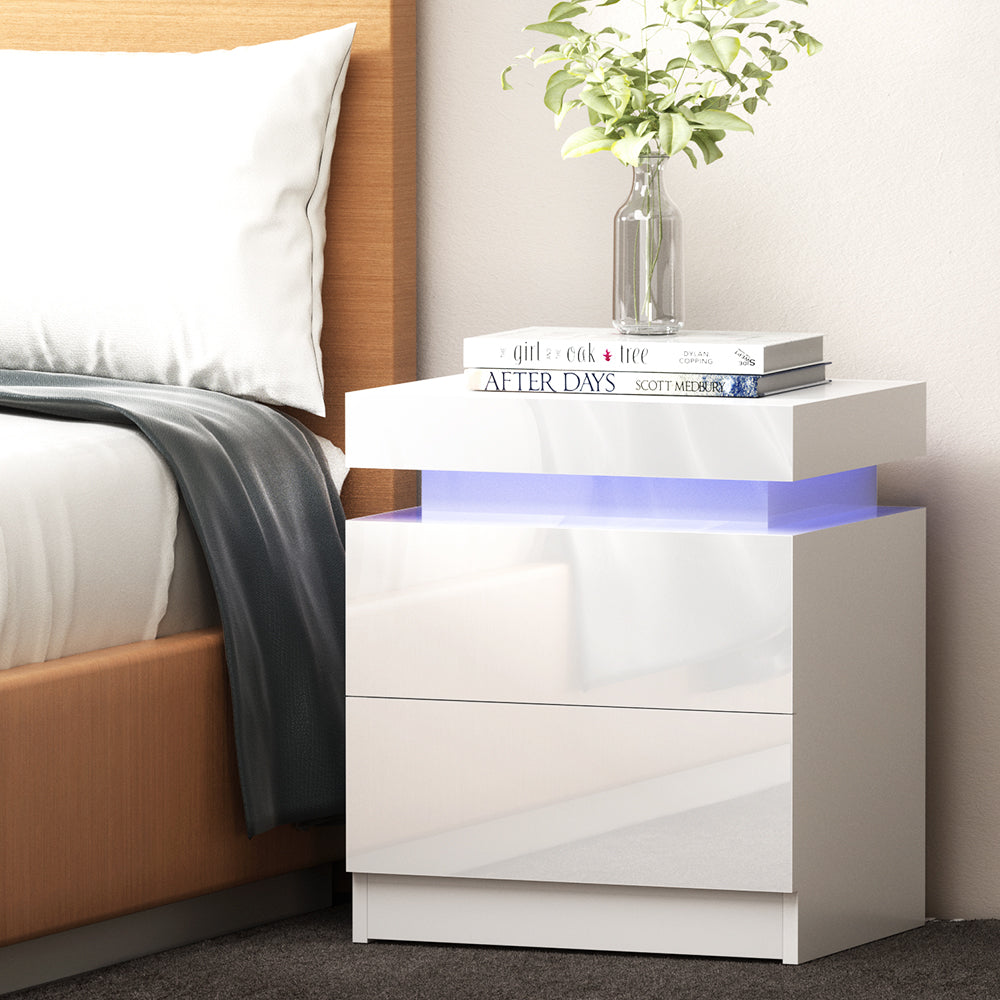 Bedside Tables: Artiss Bedside Table LED 2 Drawers Lift-up Storage - COLEY White