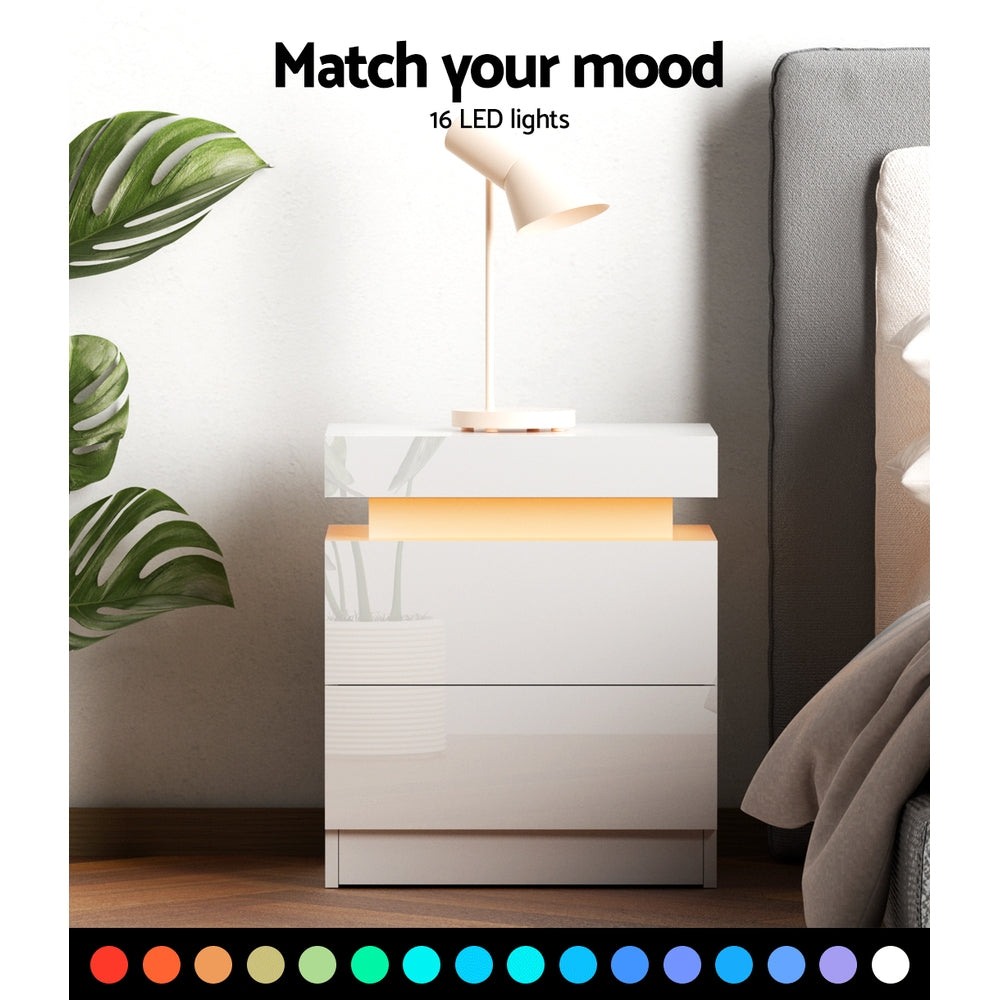 Bedside Tables: Artiss Bedside Table LED 2 Drawers Lift-up Storage - COLEY White