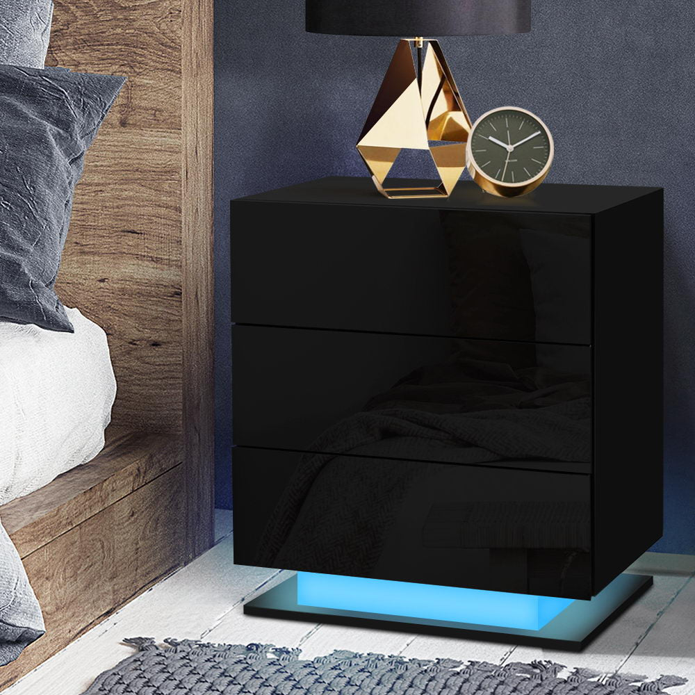 Bedside Tables: Artiss Bedside Table LED 3 Drawers - MORI Black