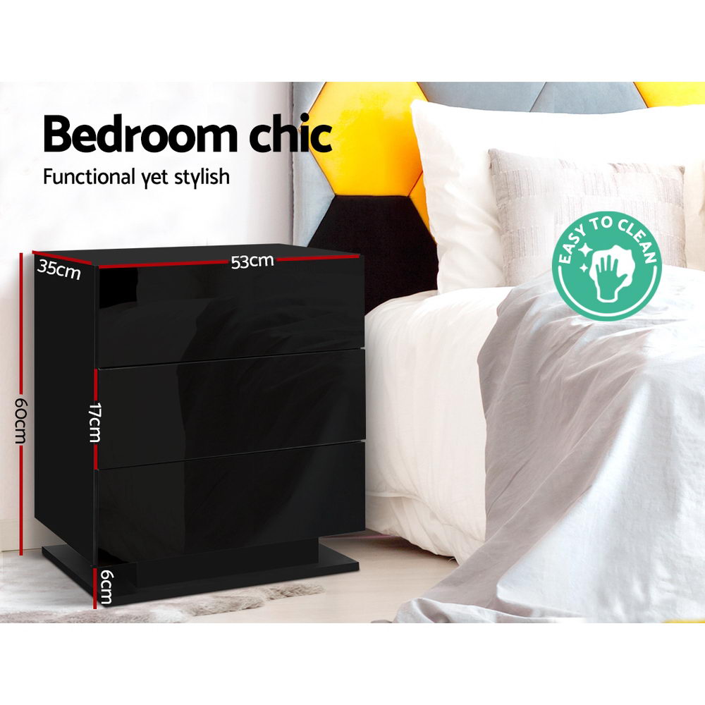 Bedside Tables: Artiss Bedside Table LED 3 Drawers - MORI Black