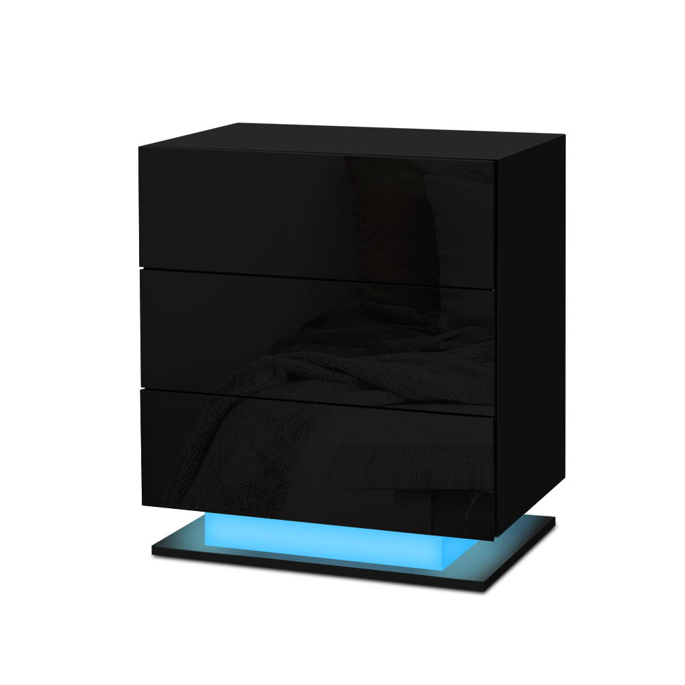 Bedside Tables: Artiss Bedside Table LED 3 Drawers - MORI Black
