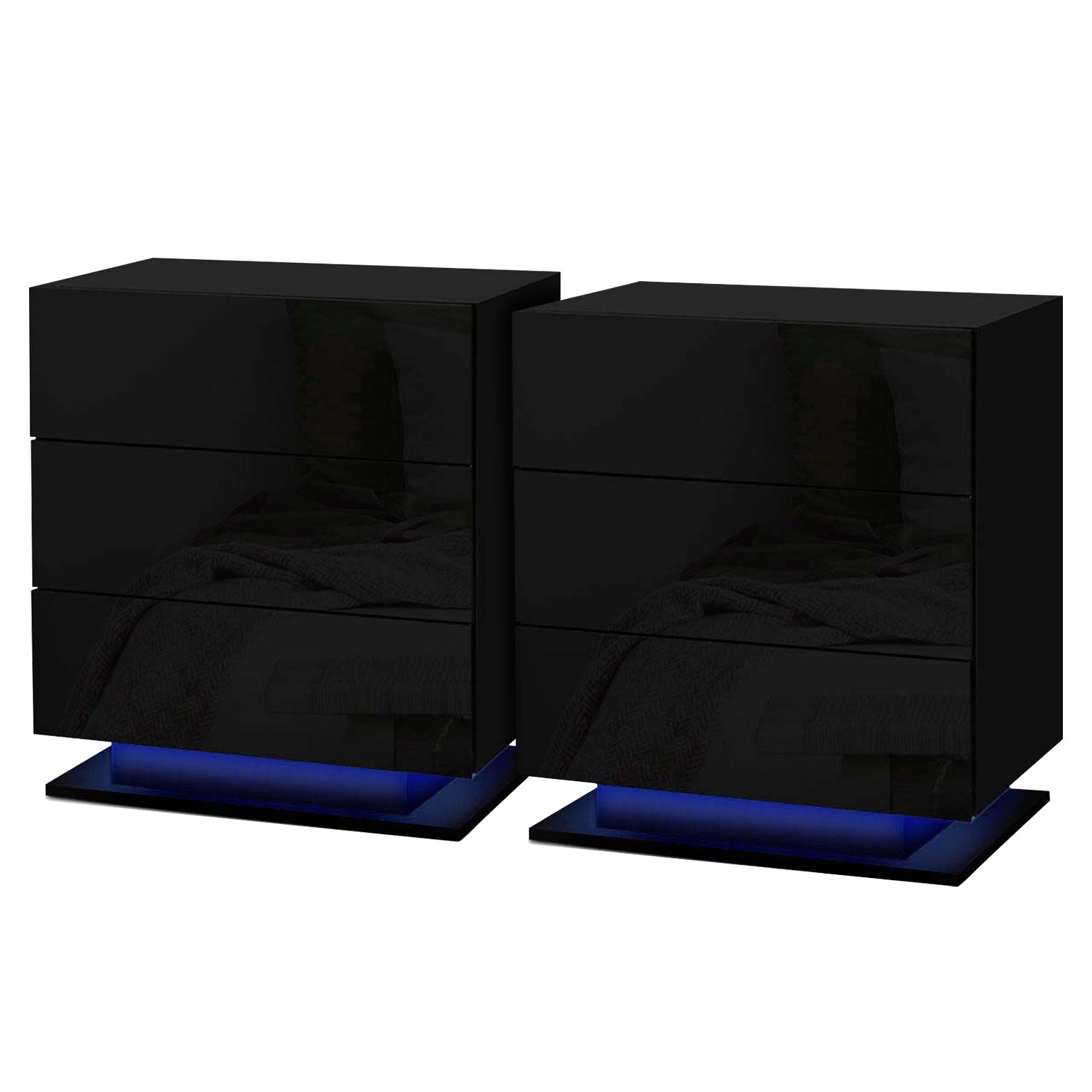 Bedside Tables: Artiss 2x Bedside Table LED 3 Drawers - MORI Black