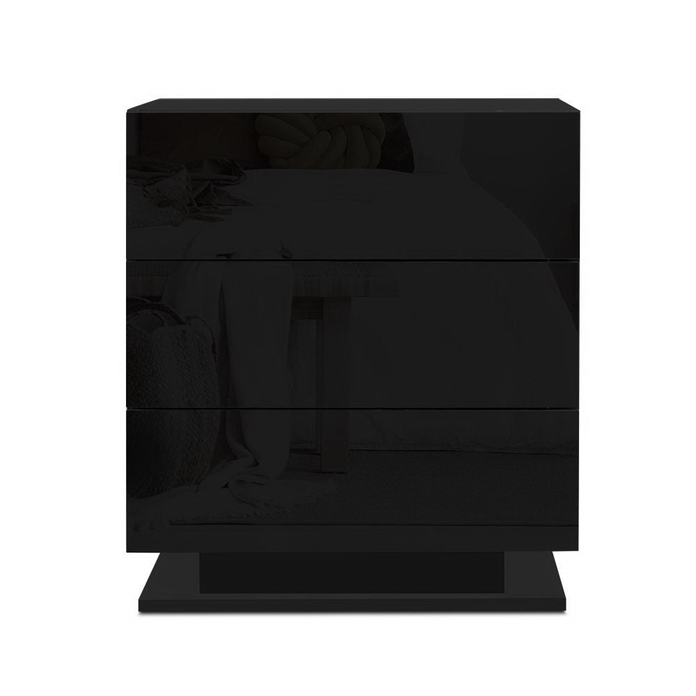 Bedside Tables: Artiss 2x Bedside Table LED 3 Drawers - MORI Black