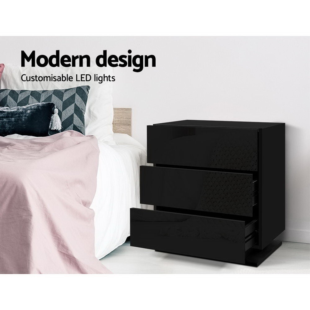 Bedside Tables: Artiss 2x Bedside Table LED 3 Drawers - MORI Black
