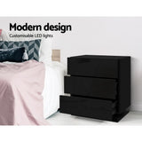 Bedside Tables: Artiss 2x Bedside Table LED 3 Drawers - MORI Black