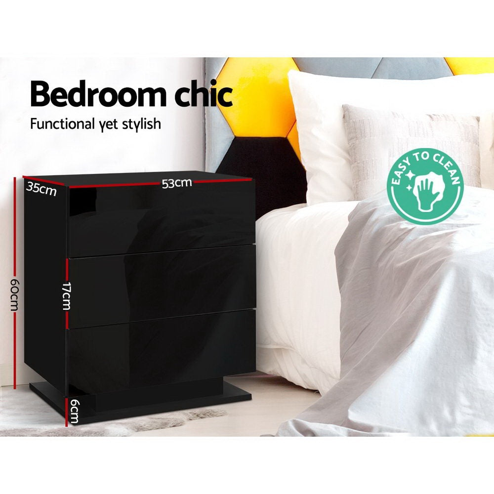 Bedside Tables: Artiss 2x Bedside Table LED 3 Drawers - MORI Black