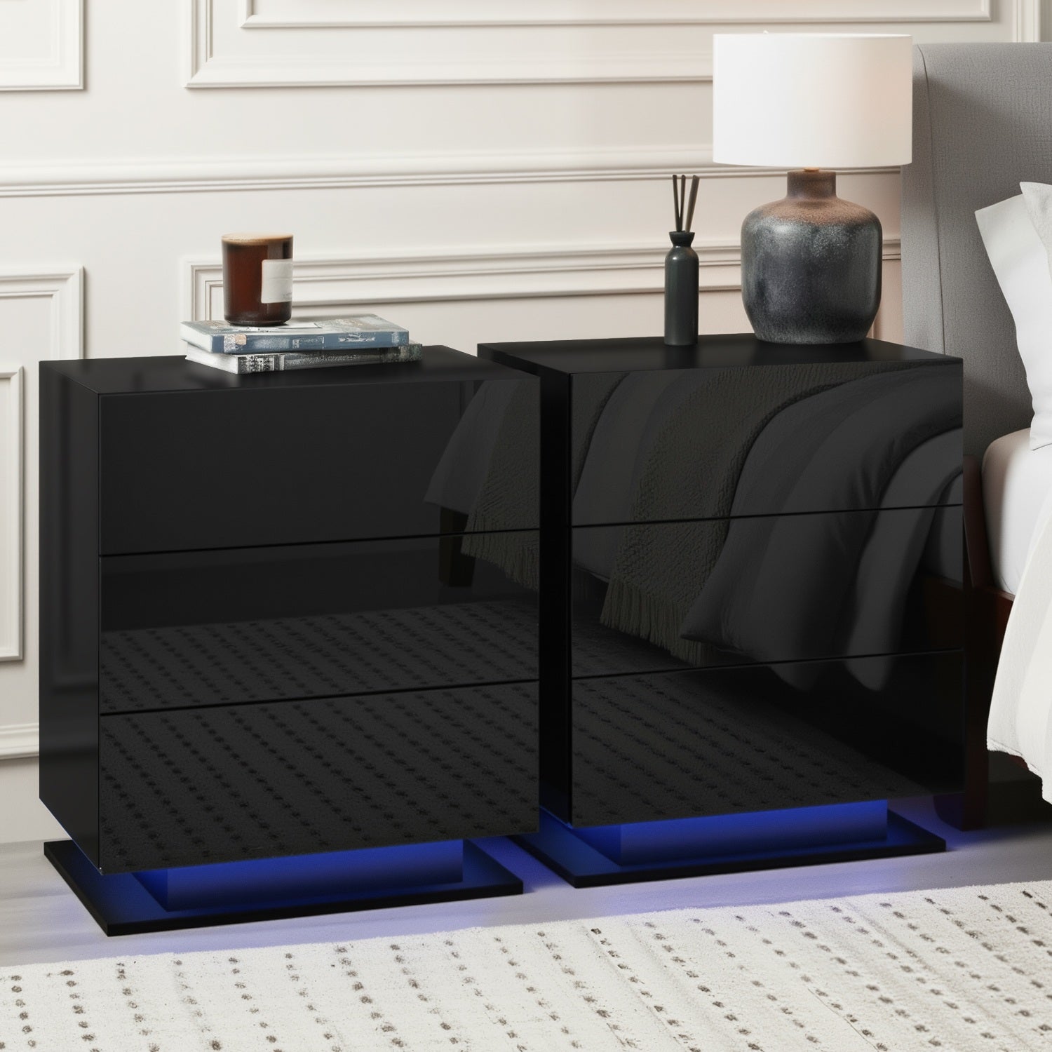 Bedside Tables: Artiss 2x Bedside Table LED 3 Drawers - MORI Black