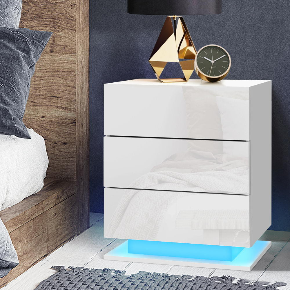 Bedside Tables: Artiss Bedside Table LED 3 Drawers - MORI White