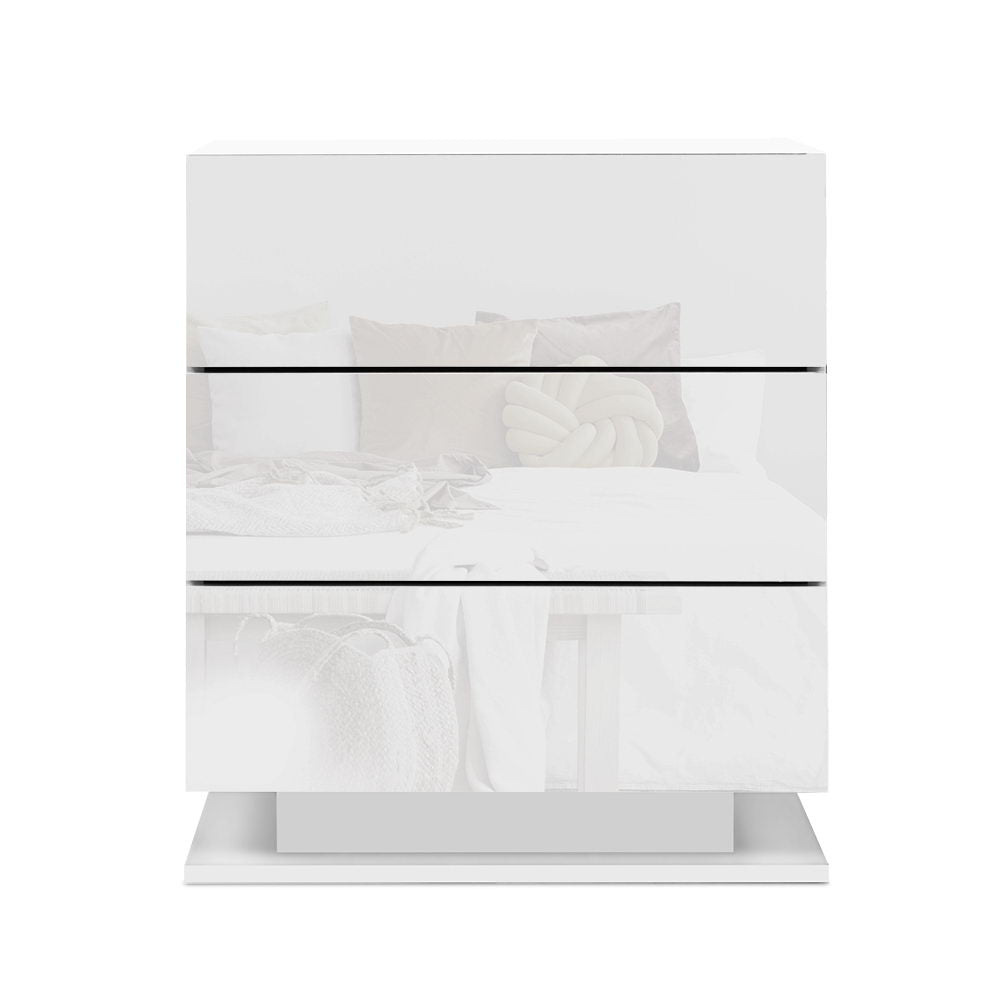 Bedside Tables: Artiss Bedside Table LED 3 Drawers - MORI White