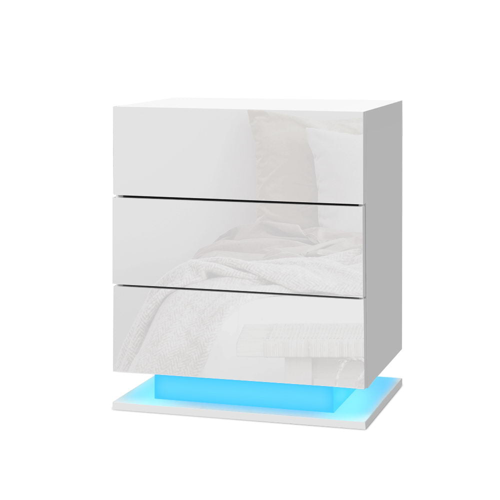 Bedside Tables: Artiss Bedside Table LED 3 Drawers - MORI White