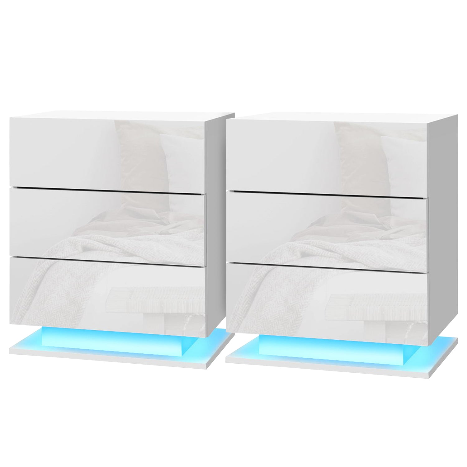 Bedside Tables: Artiss 2x Bedside Table LED 3 Drawers - MORI White