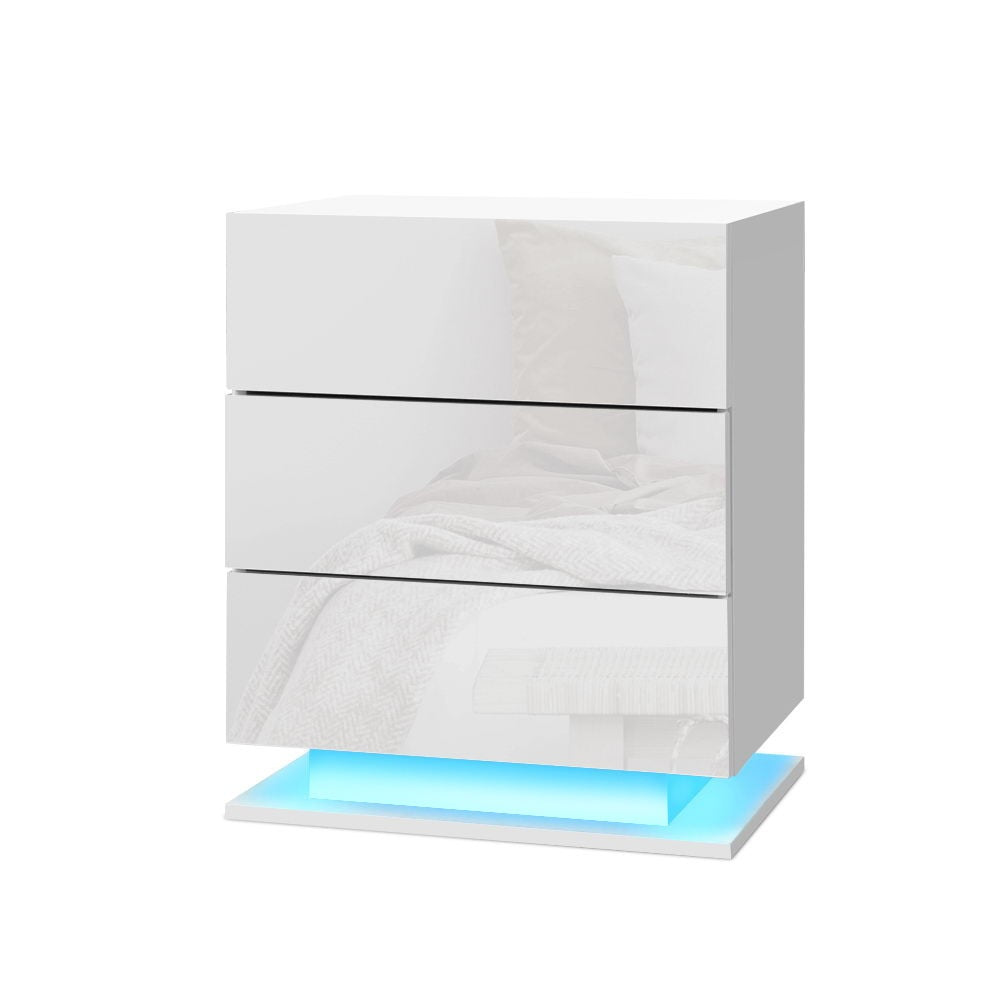 Bedside Tables: Artiss 2x Bedside Table LED 3 Drawers - MORI White