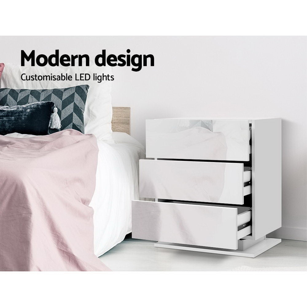 Bedside Tables: Artiss 2x Bedside Table LED 3 Drawers - MORI White