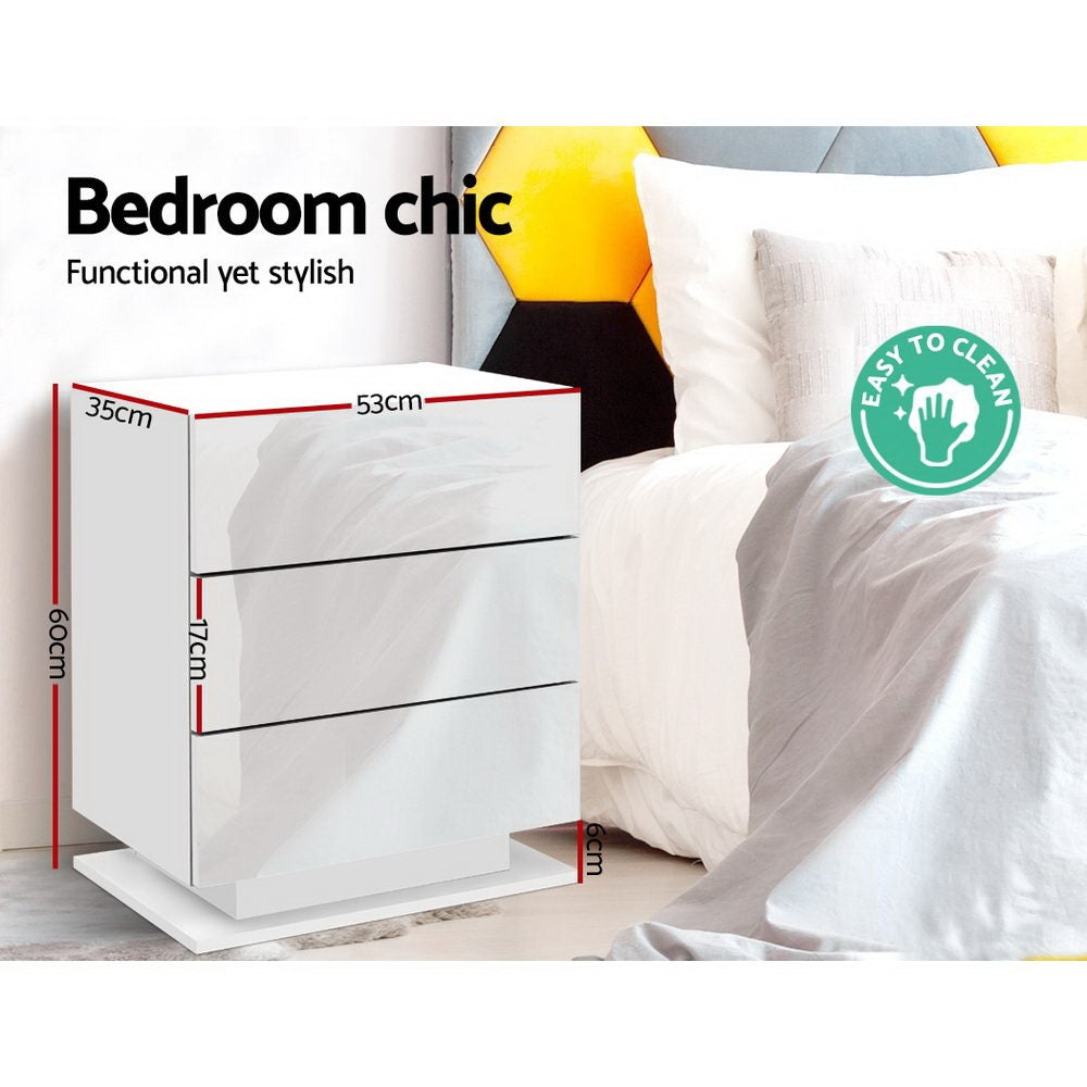 Bedside Tables: Artiss 2x Bedside Table LED 3 Drawers - MORI White