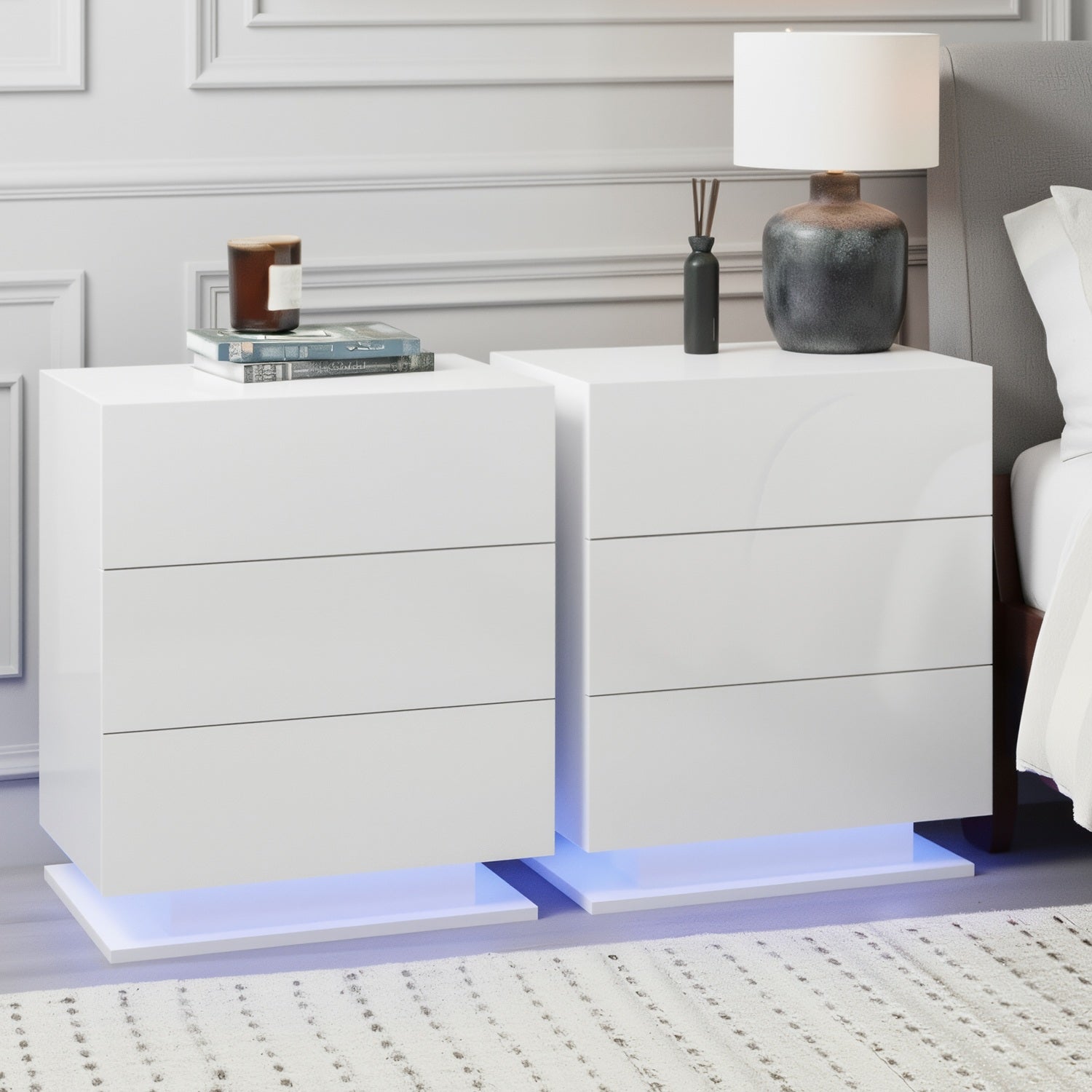 Bedside Tables: Artiss 2x Bedside Table LED 3 Drawers - MORI White