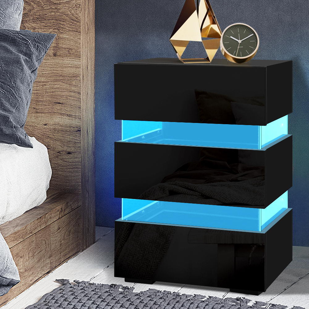 Bedside Tables: Artiss Bedside Table LED 3 Drawers - LUMI Black