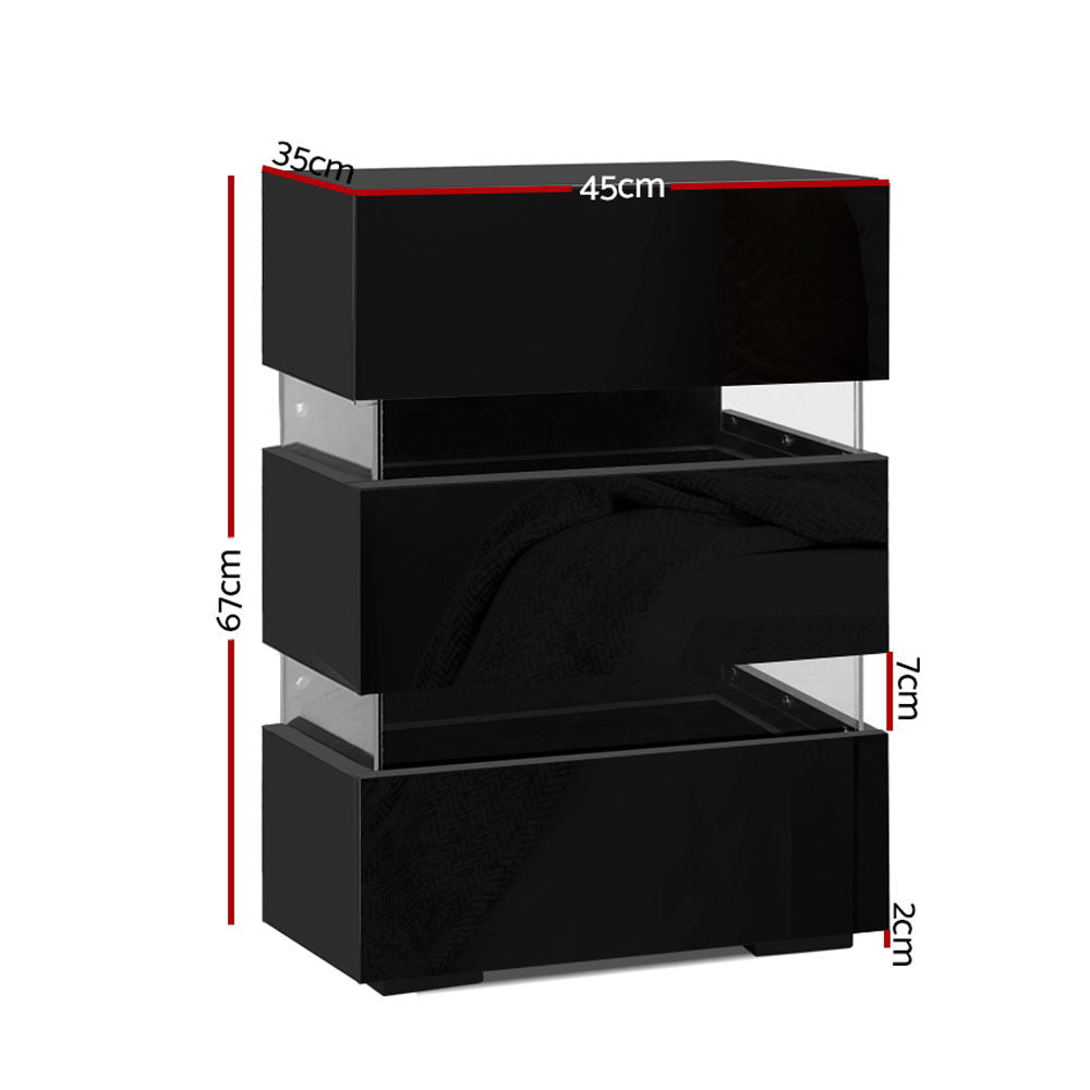 Bedside Tables: Artiss Bedside Table LED 3 Drawers - LUMI Black