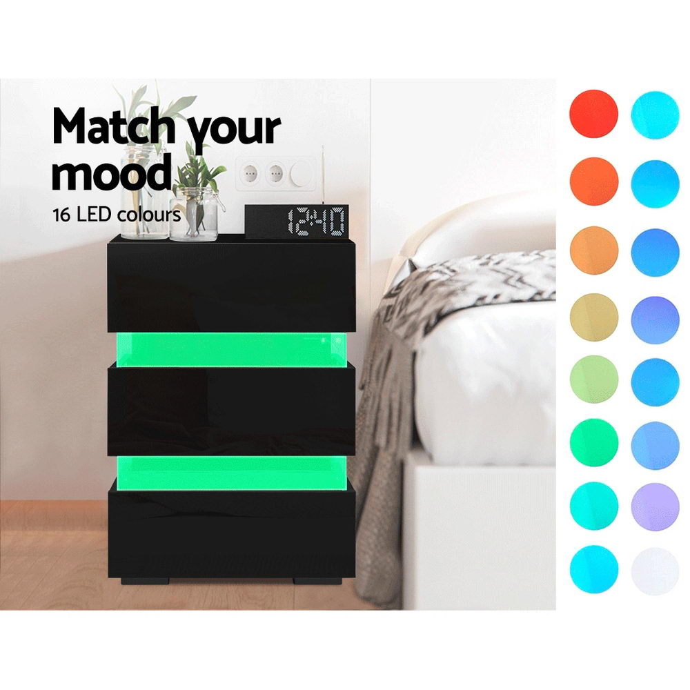 Bedside Tables: Artiss Bedside Table LED 3 Drawers - LUMI Black