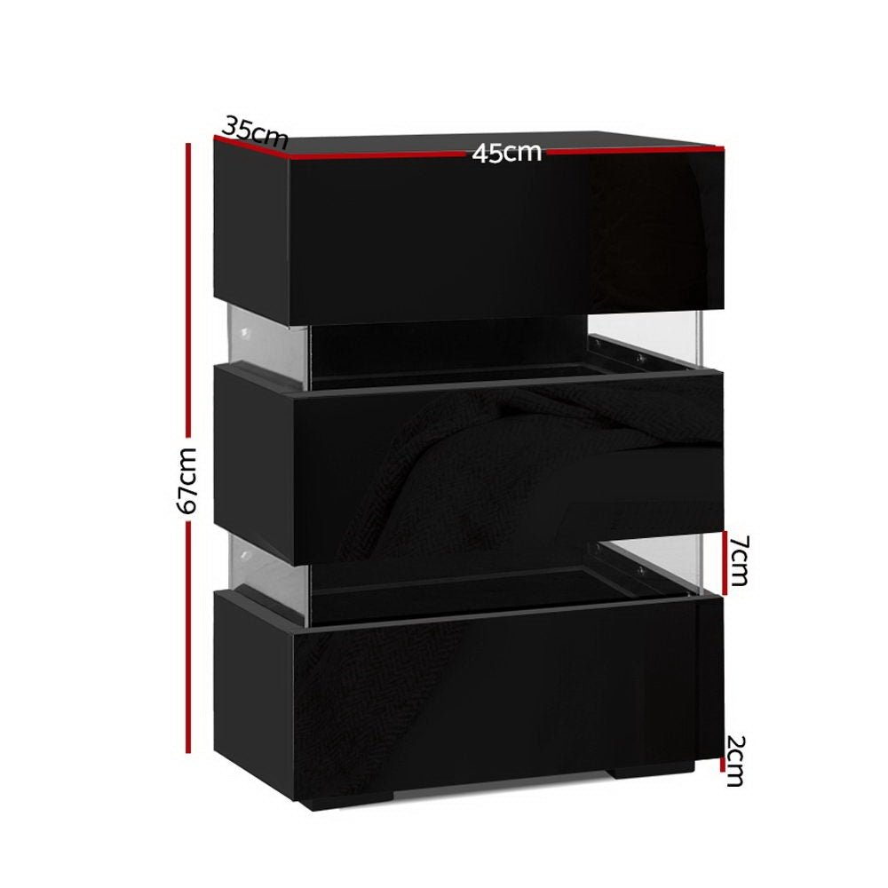 Bedside Tables: Artiss 2x Bedside Table LED 3 Drawers - LUMI Black