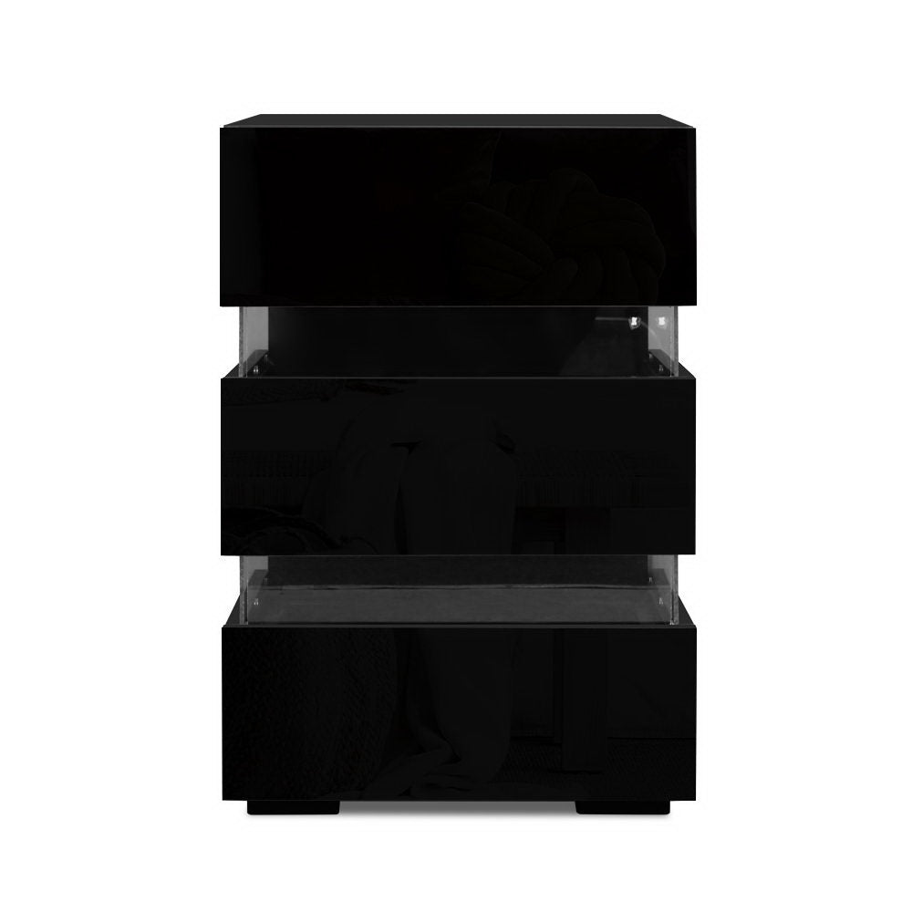 Bedside Tables: Artiss 2x Bedside Table LED 3 Drawers - LUMI Black