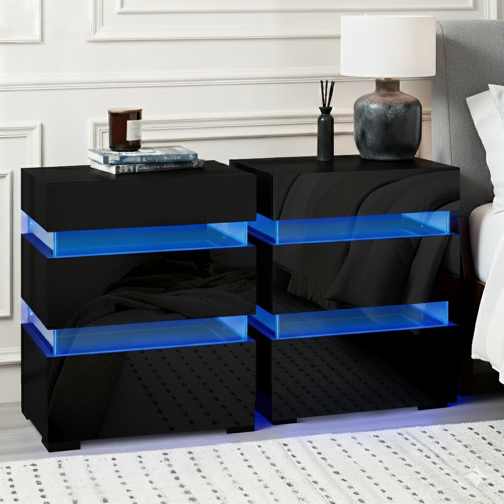 Bedside Tables: Artiss 2x Bedside Table LED 3 Drawers - LUMI Black