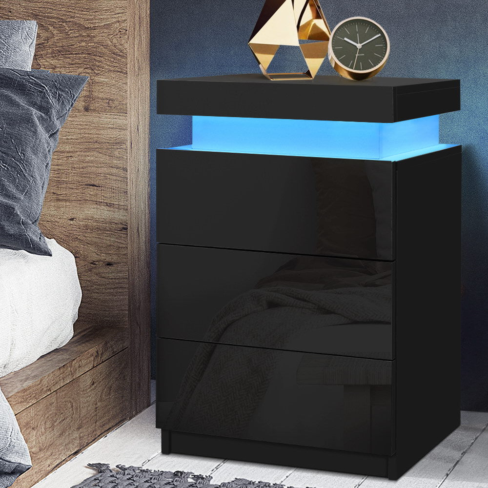 Bedside Tables: Artiss Bedside Table LED 3 Drawers - COLEY Black