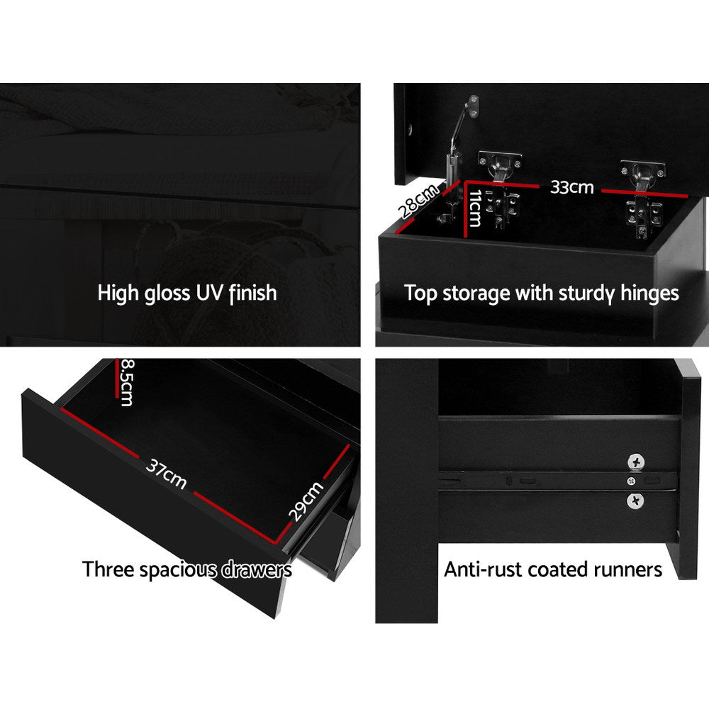 Bedside Tables: Artiss Bedside Table LED 3 Drawers - COLEY Black
