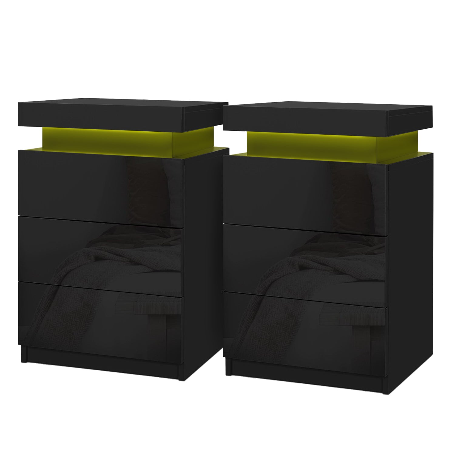 Bedside Tables: Artiss 2X Bedside Table LED 3 Drawers - COLEY Black