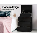 Bedside Tables: Artiss 2X Bedside Table LED 3 Drawers - COLEY Black