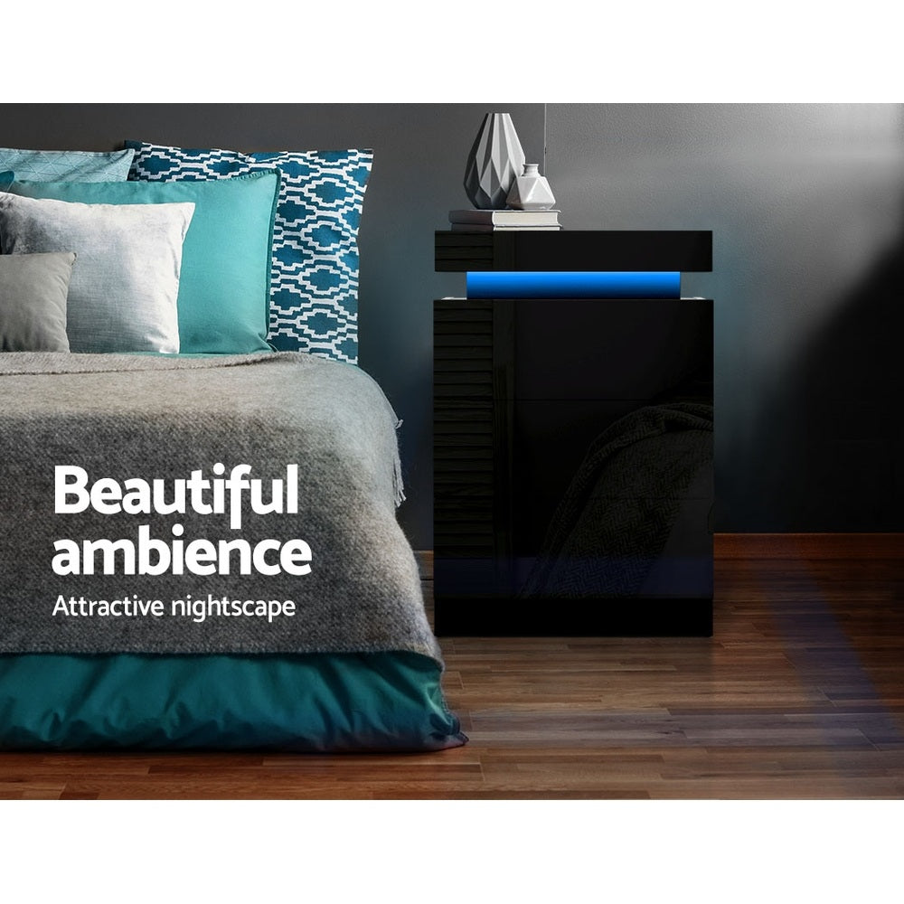 Bedside Tables: Artiss 2X Bedside Table LED 3 Drawers - COLEY Black
