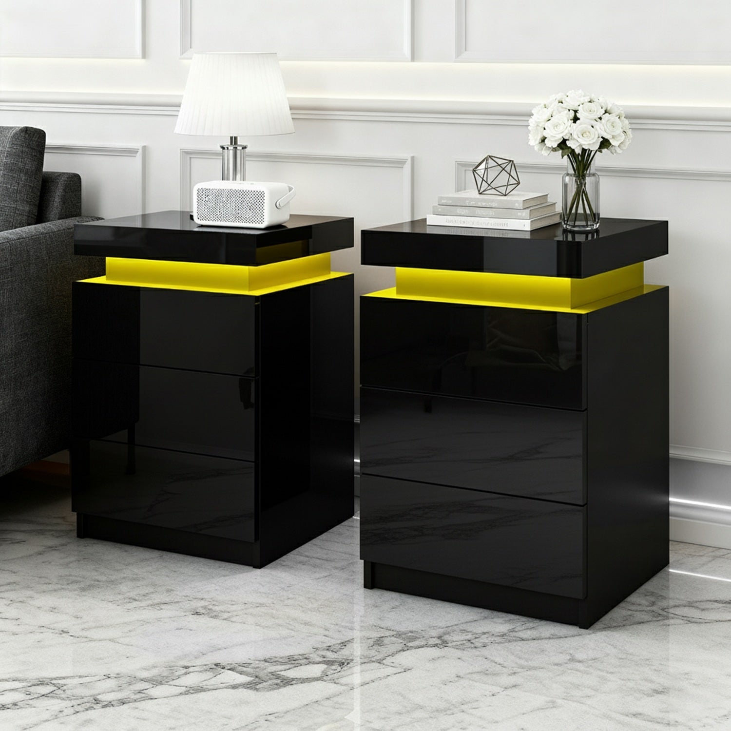 Bedside Tables: Artiss 2X Bedside Table LED 3 Drawers - COLEY Black