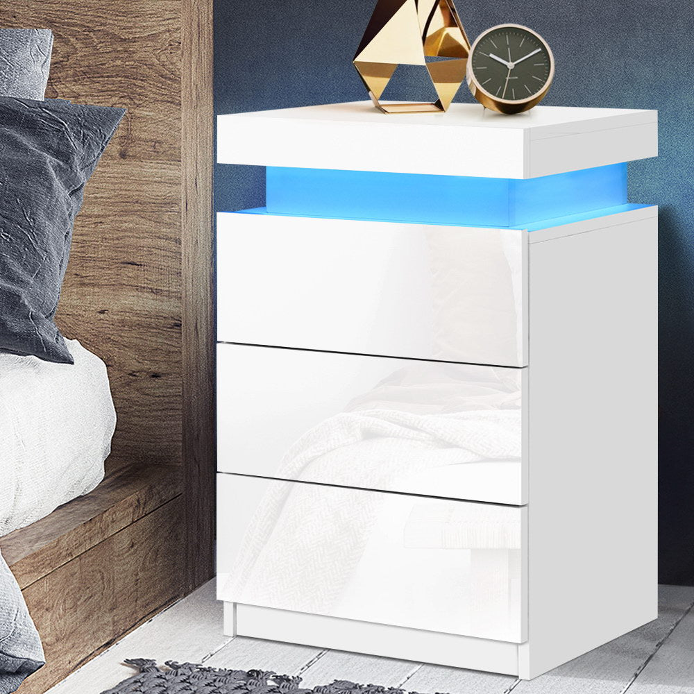 Bedside Tables: Artiss Bedside Table LED 3 Drawers - COLEY White