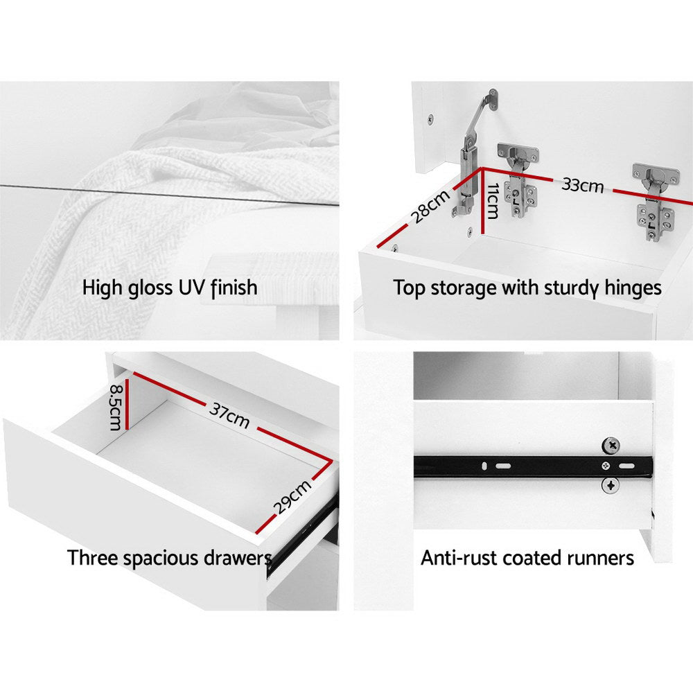 Bedside Tables: Artiss Bedside Table LED 3 Drawers - COLEY White