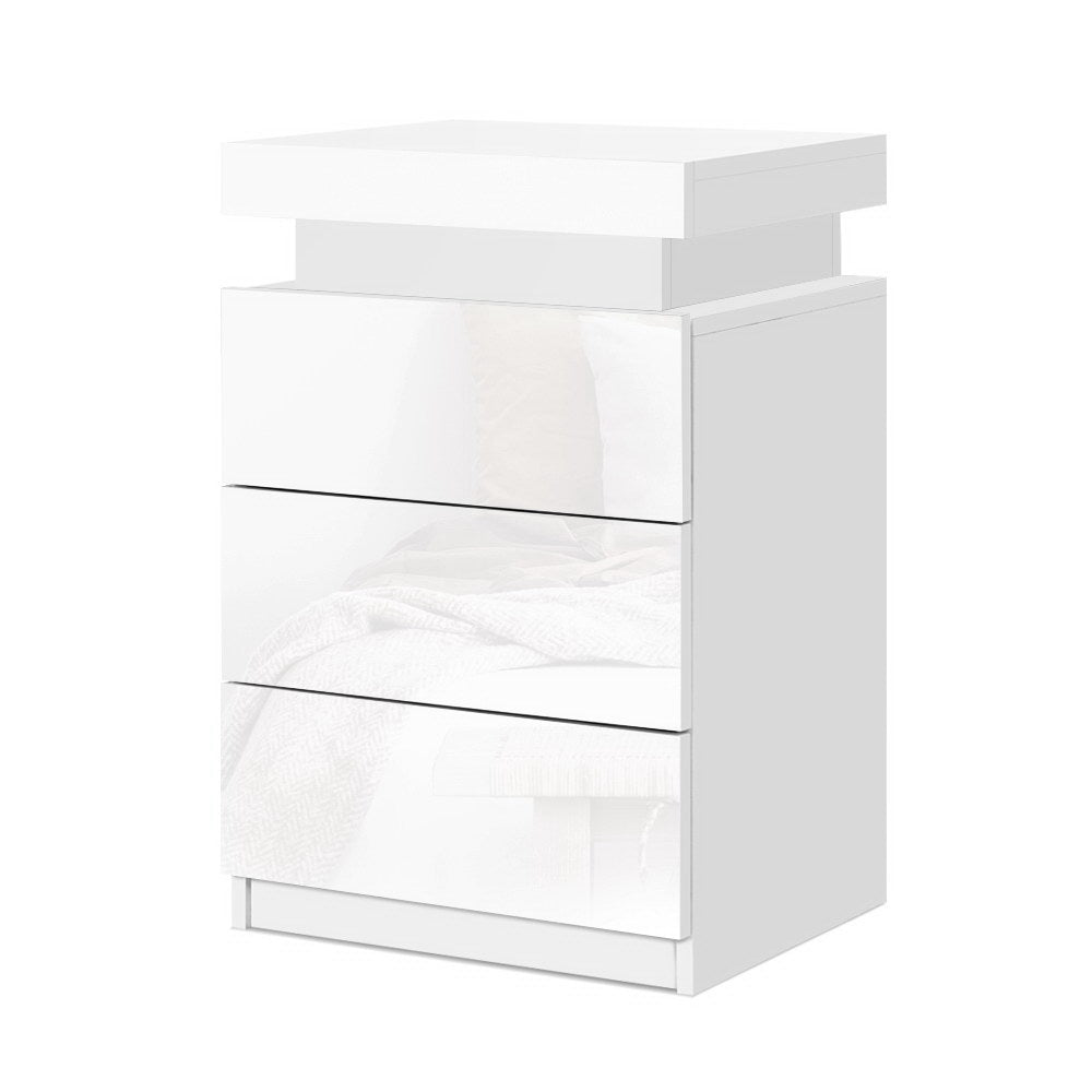 Bedside Tables: Artiss Bedside Table LED 3 Drawers - COLEY White