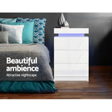 Bedside Tables: Artiss 2X Bedside Table LED 3 Drawers - COLEY White