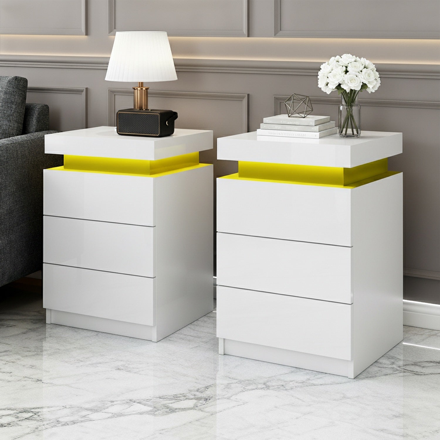 Artiss 2X Bedside Table LED 3 Drawers - COLEY White