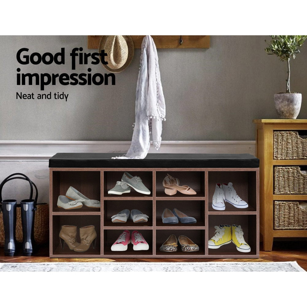 Clothing & Wardrobe Storage: Artiss Shoe Rack Cabinet Bench 10 Cubes - Walnut