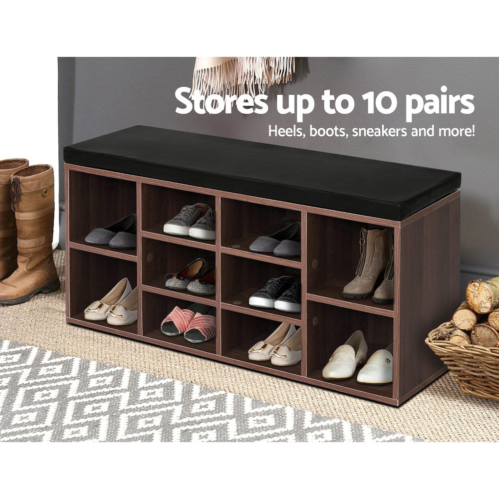 Clothing & Wardrobe Storage: Artiss Shoe Rack Cabinet Bench 10 Cubes - Walnut