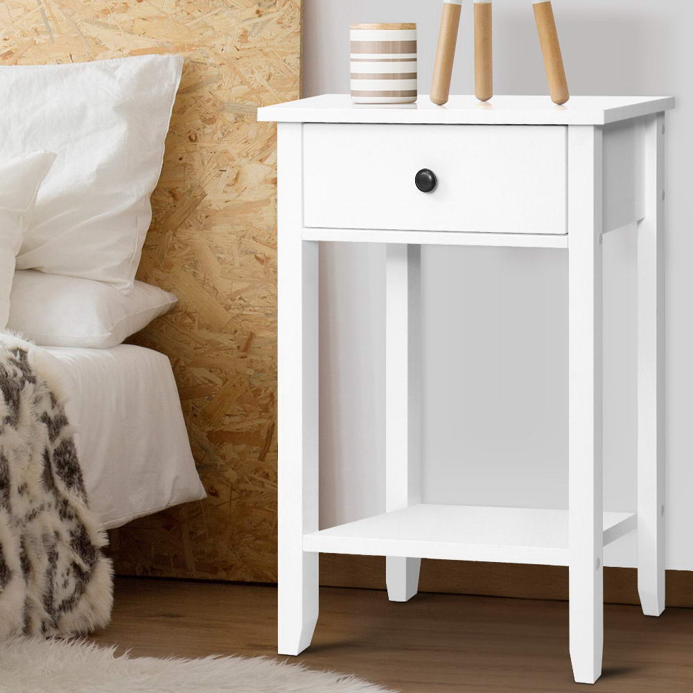 Bedside Tables: Artiss Bedside Table 1 Drawer with Shelf - BOWIE White