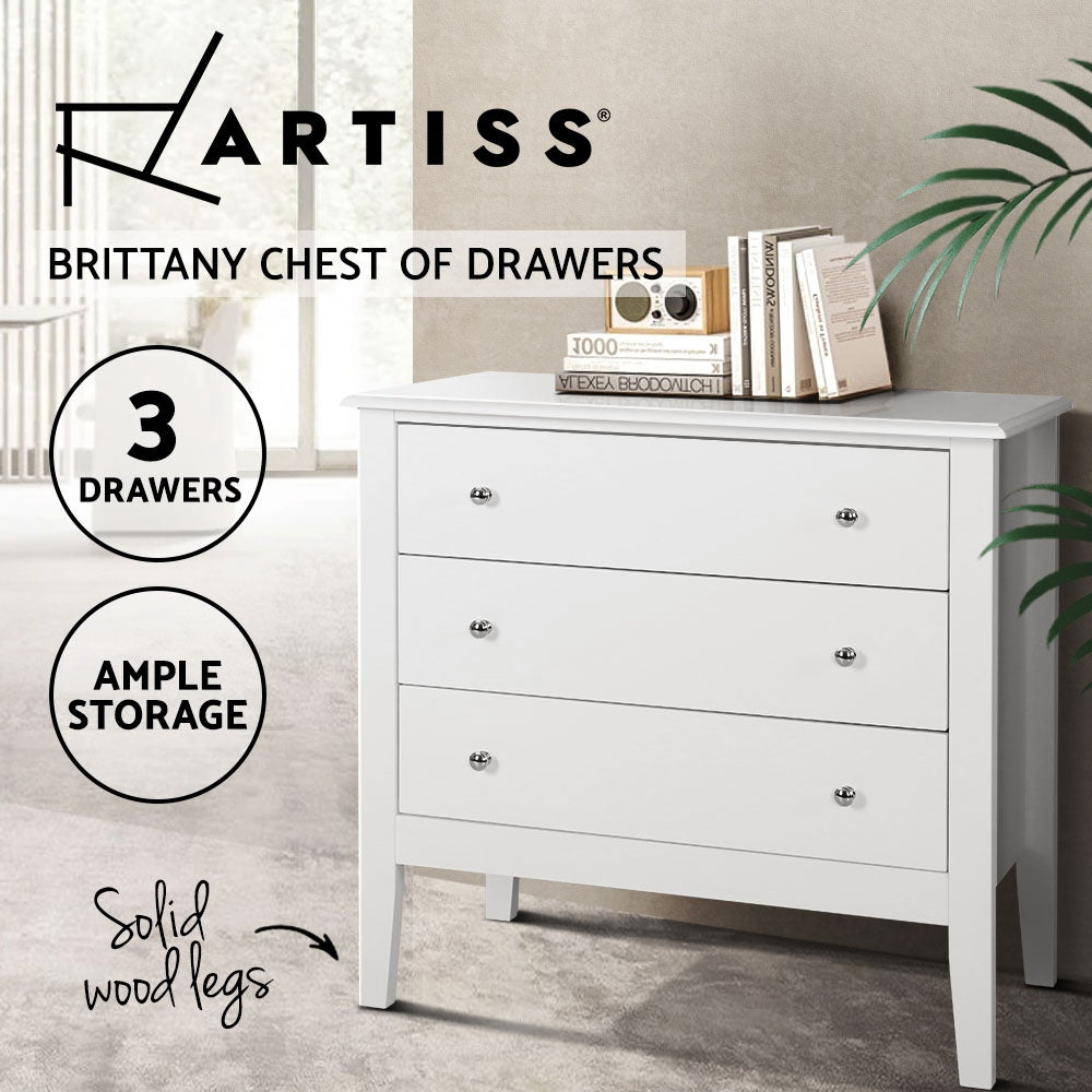 Dressers: Artiss 3 Chest of Drawers - BRITTANY White