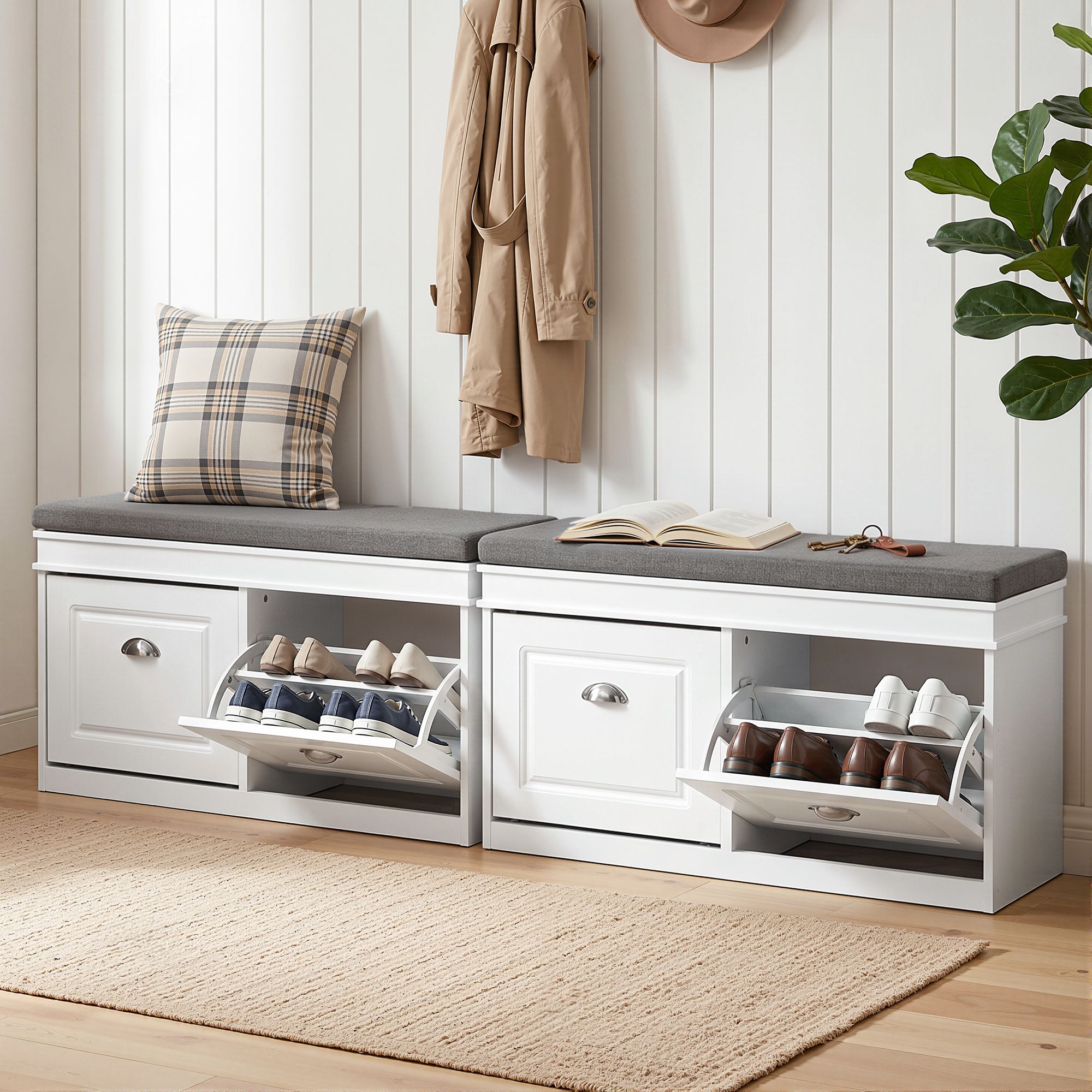 Artiss 2x Shoe Bench Set Flip Drawer White