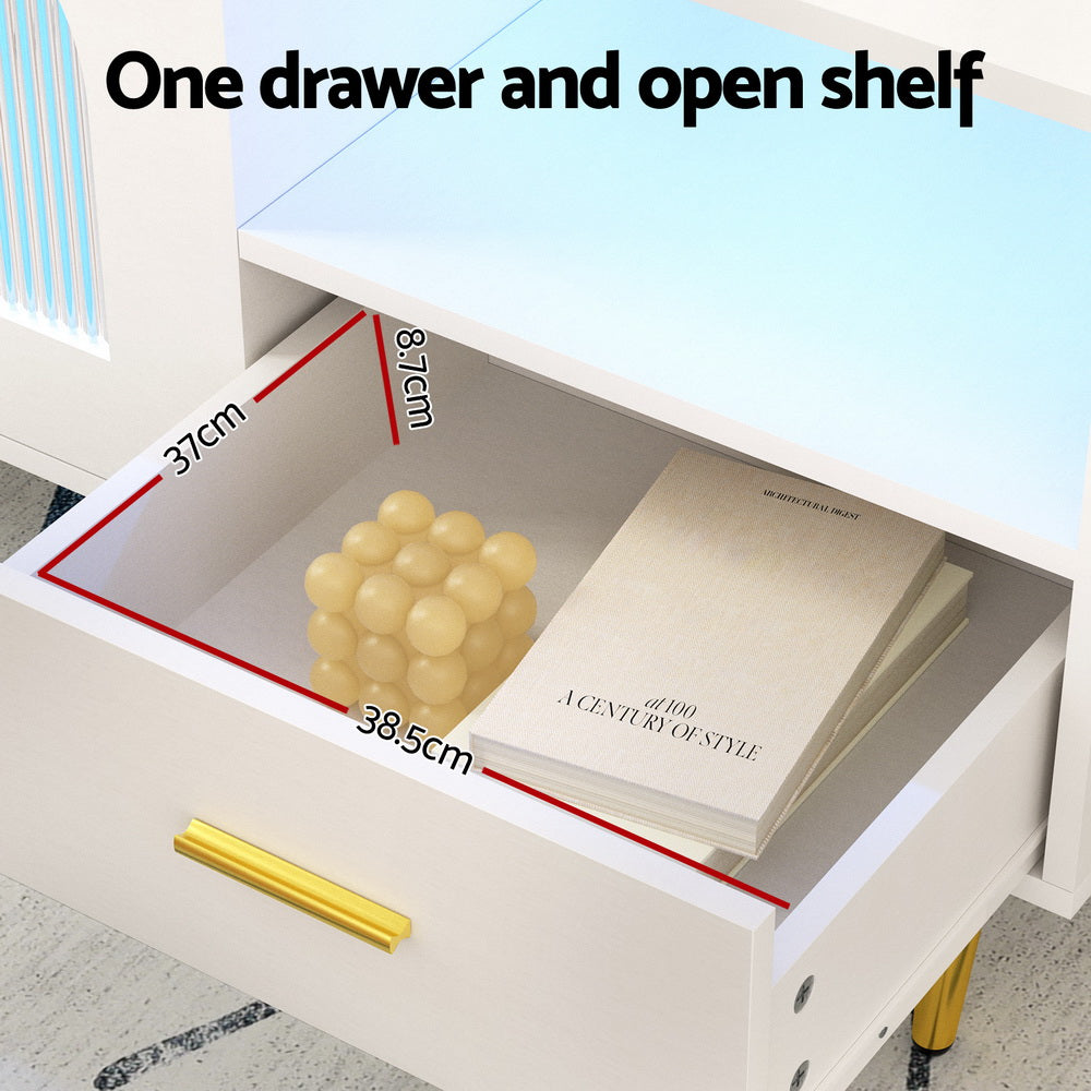 Coffee Tables: Artiss LED Coffee Table Shelf Drawer Storage White
