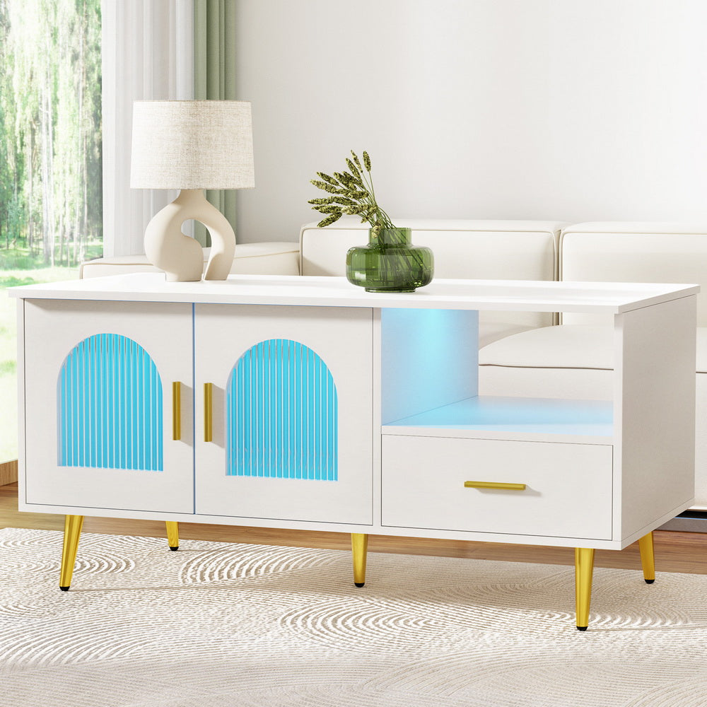 Coffee Tables: Artiss LED Coffee Table Shelf Drawer Storage White