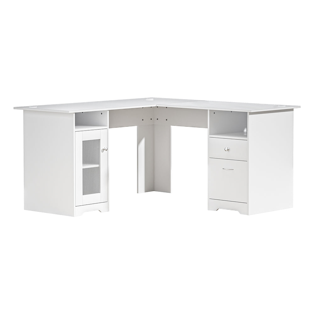 Desks: Artiss Computer Desk Shelf Cabinet L-Shape White 150CM