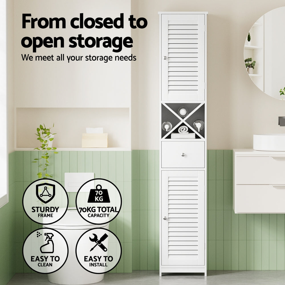 Bathroom Cabinets, Cupboards & Storage: Artiss Bathroom Storage Cabinet 170cm Tall Slim Organiser Toilet Corner Adjustable Shelf Louver Door White