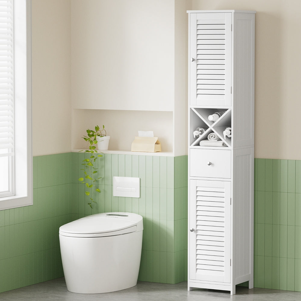 Bathroom Cabinets, Cupboards & Storage: Artiss Bathroom Storage Cabinet 170cm Tall Slim Organiser Toilet Corner Adjustable Shelf Louver Door White