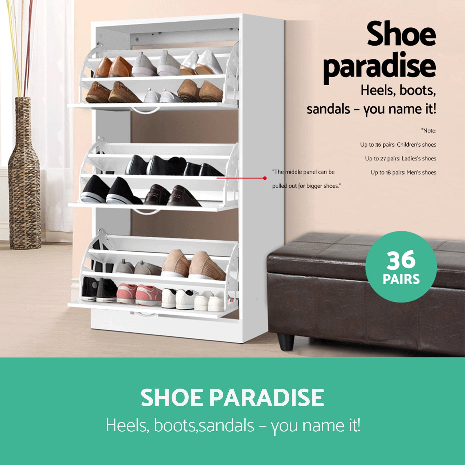 Shoe Storage: Artiss Shoe Rack Cabinet 36 Pairs Adjustable Shelves Ivy