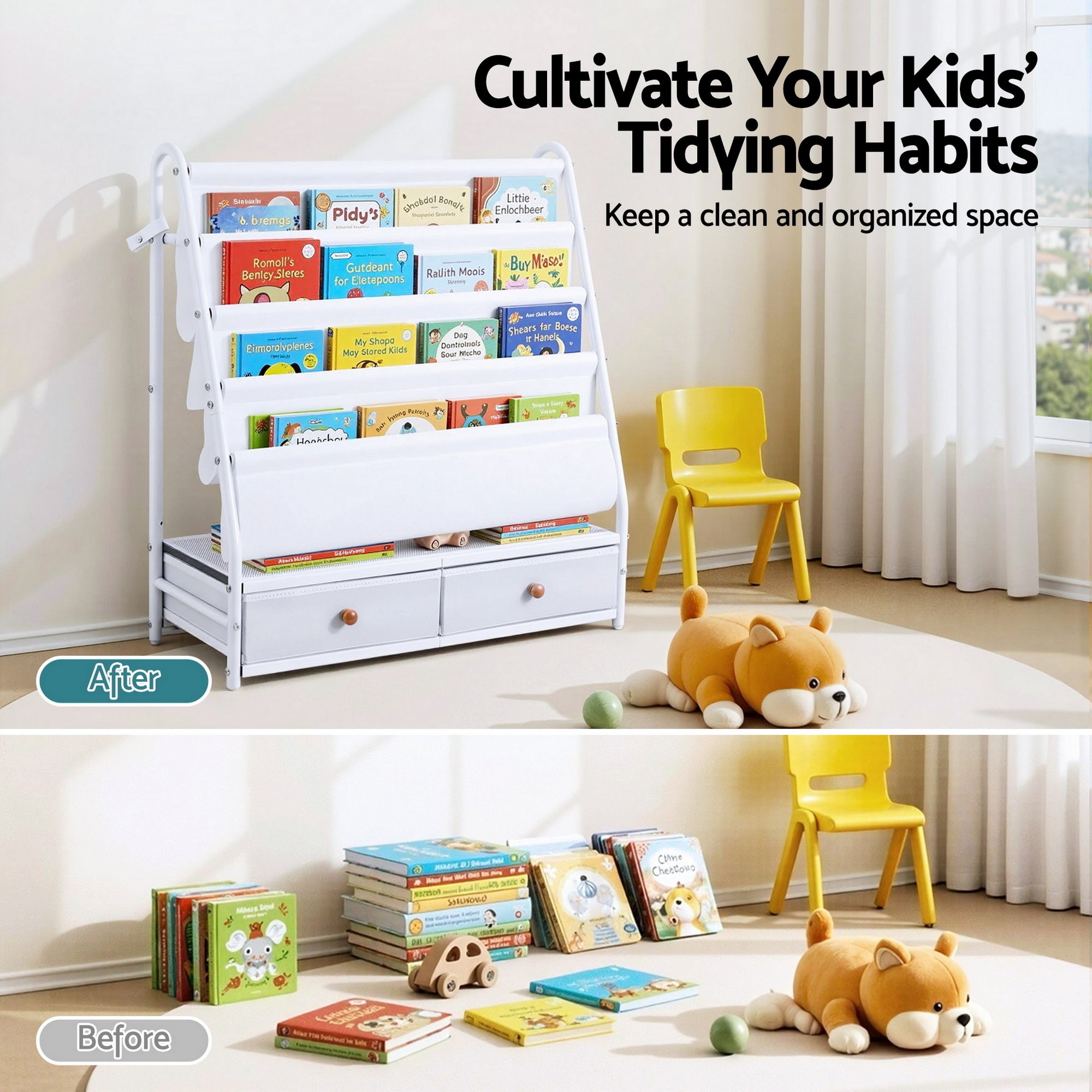 Kid's Bookcases & Shelves: Keezi Kids Bookshelf Metal Storage Rack Toy Organiser Display Shelf Drawer White