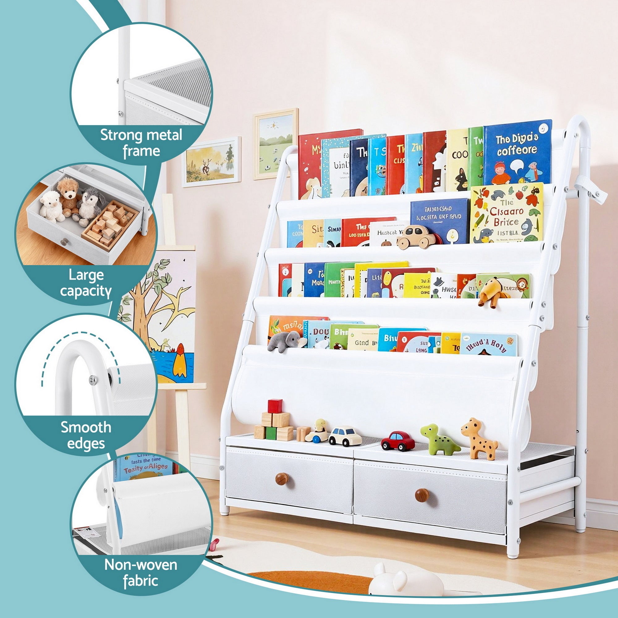 Kid's Bookcases & Shelves: Keezi Kids Bookshelf Metal Storage Rack Toy Organiser Display Shelf Drawer White