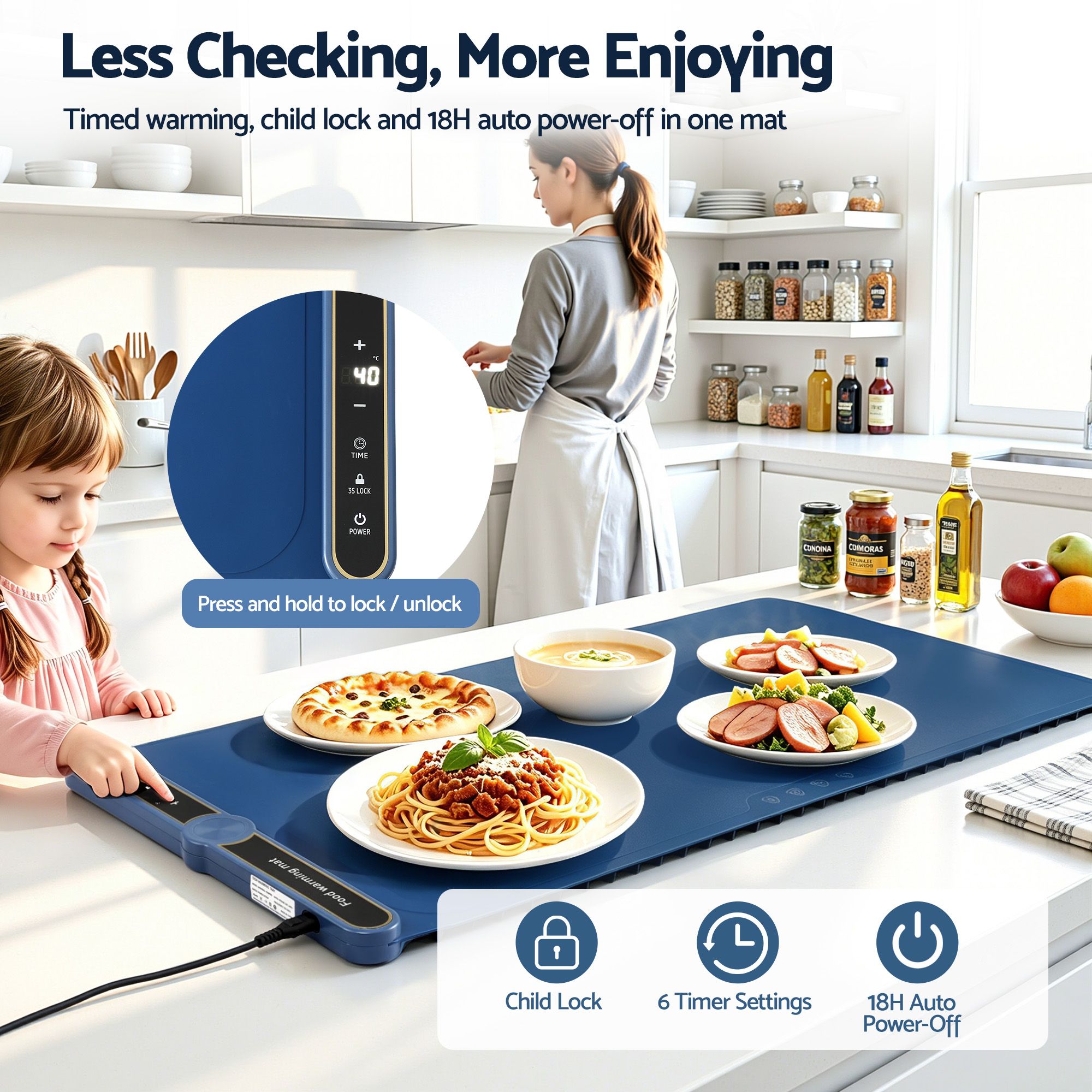 Devanti Food Warming Mat 80cm Electric Food Warmer Roll Up Buffet Tray Blue